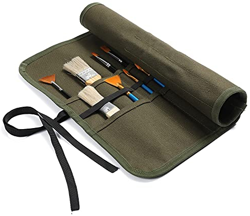 Kaaltisy 22 Slots Pinseltasche aus Segeltuch, 16 OZ Tragbare Gewachste Baumwolle Leinwand Stiftrolle, Militärgrün