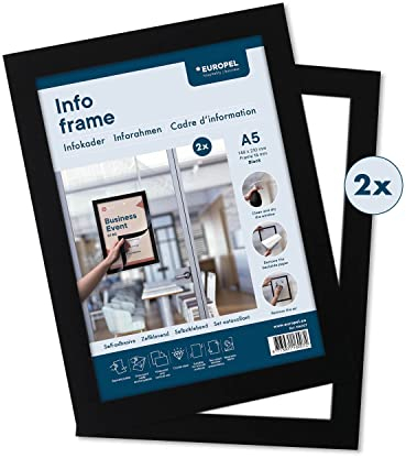 EUROPEL Selbstklebender magnetischer Info-Rahmen aus PVC, A5 Schwarz, 2er Set, einfach ablösbar durch Magnet, doppelseitig, Hoch- oder Querformat, 23,8 x 17,6 cm