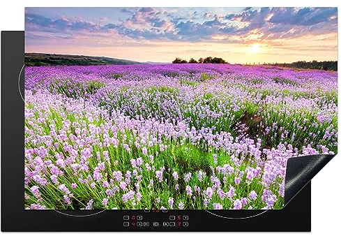 MuchoWow© Herdabdeckplatte Ceranfeld Spritzschutz Küche Lavendel | 80x52 cm - Blumen - Sonnenuntergang - Lila - Wiese Induktionsherd Abdeckung Induktionskochfeld Ceranfeldabdeckung