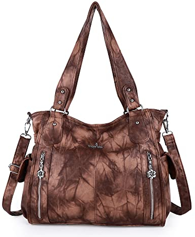 ZOCAI AngelKiss Handtasche Damen Schultertasche Multifunktionale Umhängetaschen Gewaschenes Veganes Leder Wasserdicht mit Reißver Schlusstaschen Reißverschlusstasche (Braun 4)