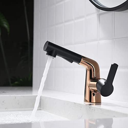 Robinet De Lavabo, Robinet De Salle De Bain Monotrou En Laiton À Une Poignée, Arroseur Extractible, Avec Rotation À 360°, 2 Modes De Sortie D'eau, Mitigeur Chaud Et Froid, Montage Sur Pont,Rose gold