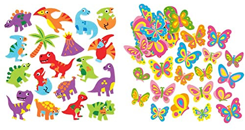 Baker Ross Dinosaurier Moosgummi-Aufkleber (120 Stück) – Lustige Dino-Sticker für Collagen und Bastelarbeiten & EF805 Schmetterling Aufkleber (105 Stück)