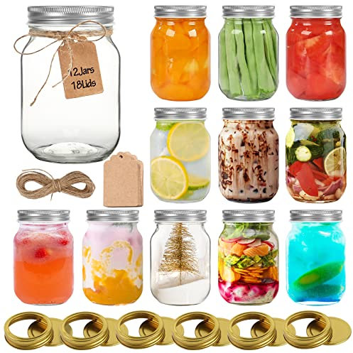 Jaisie.W Mason Jars 16 oz 12Pack with 6 Extra Lids, Glass Pint Canning Jars 16 oz - 16oz mason jars with silver lids and extra 6 gold lids for Canning/Preserving/Meal Prep