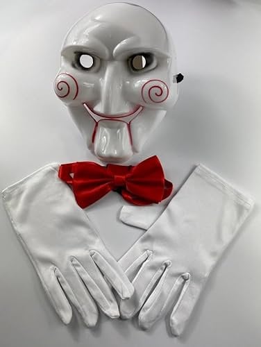 Adult Unisex Halloween Saw Horror Costume, Saw Mask + Red Bow Tie + White Gloves ~ The Puppet Scary Purge Cosplay Themed Party Fancy Dress Outfit