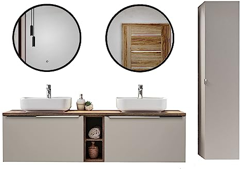 Lomadox Badmöbel Set in Taupe mit Vintage Eiche, 180cm Doppel-Waschtisch mit Unterschrank, 2 Keramik Waschbecken, Regal, 2 LED-Spiegel, Hochschrank