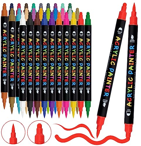 Tesquio Acrylstifte für Steine Wasserfest - Dual Tip 30 Farben Multimarker zum Bemalen - Acrylmarker für Holz, Leinwand, Glas, Papier, Keramik