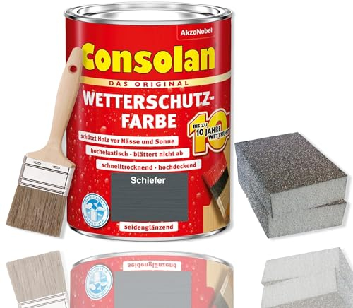 Consolan Wetterschutzfarbe Set 2,5 l Holzfarbe Dauerschutz Deckend mit Zubehör (Schiefer)