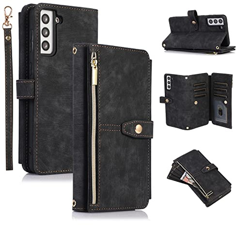 UEEBAI Hülle für Samsung Galaxy A14 5G, Leder Klapphülle, Retro Schwarz | 9 Kartenfäche Lederhülle mit Umhängegurt Handschlaufe Ständer Reißverschluss Handyhülle Magnetverschluss Wallet Flip Case
