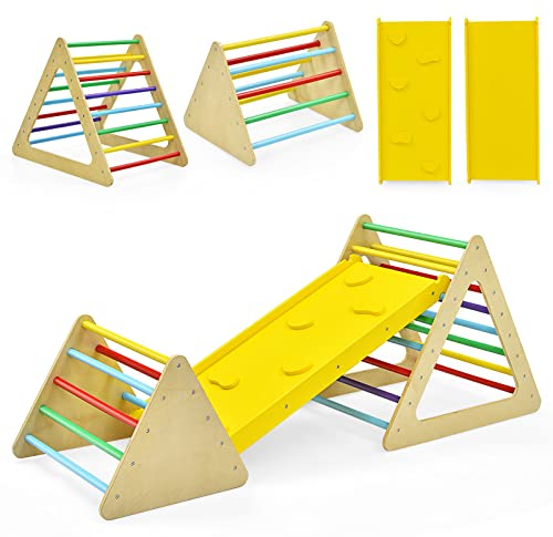COSTWAY 3-in-1 Kletterdreieck Montessori Kinder mit Rampe, 2 Kletterleiter Dreieck aus Holz zum Klettern, maximale Belastung 60 kg, Verwendung im Innenbereich für Kinder ab 3 Jahren