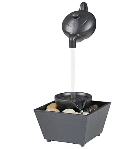 Asixxsix Tischbrunnen, LED-Beleuchtung, Doppelte Stromversorgung, Schwimmender Teekannen-Zimmerbrunnen, Kompakte Wasserfalldekoration mit Unregelmäßigen Steinen für Wohnzimmer, Schlafzimmer