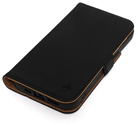 PORTER RILEY - Leather Case Compatible with iPhone 11 (6.1). Premium Nubuck Genuine Leather Stand/Cover/Wallet/Flip Case with Card Slots & Horizontal Stand (Black, Tan)