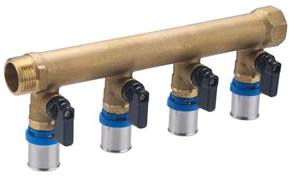 Collettore maschio-femmina 3/4 con 4 uscite multistrato a pressare Ø20 e valvole | Ottone | Connessione sicura e durevole | Facile da installare | Ideale per idraulica | QUICK PLOMBERIE