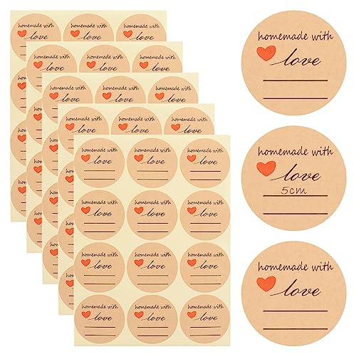 TAKUZA Kraftpapier Aufkleber 600 Stück, Marmeladen Etiketten Selbstkleben Beschreibbare Aufkleber 5cm rund Homemade with Love, Für Handgemacht Geschenk Dekor, DIY Backen, Geschenktüten Dekoration
