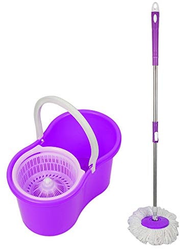 Conjunto de cubo escurridor y fregona de microfibra con bordes, cubo desmontable y mopa mágica giratoria a 360°, cubo de doble compartimento (Lavanda)
