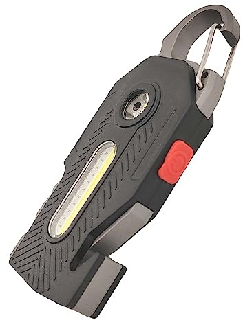 QLEE Linterna multifuncional 7 en 1, llavero de mazorca, luz de trabajo recargable, luz de advertencia LED portátil con abrebotellas, cortador de cinturón de seguridad, destornillador de silbato