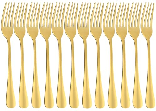 QUCHER 20,8 cm (20,8 cm), 12 tenedores de mesa dorados, tenedores de menú, tenedores de acero inoxidable, para uso doméstico, cocina, restaurante, lavavajillas