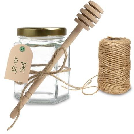 Apoidea – Set aus 96 Stück Honigglas 250g, Honiglöffel und Kordel/Honigglas mit Honiglöffel für kleine Gastgeschenke/Honiggläser, Honig Löffel & Juteschnur für Honig Geschenkset