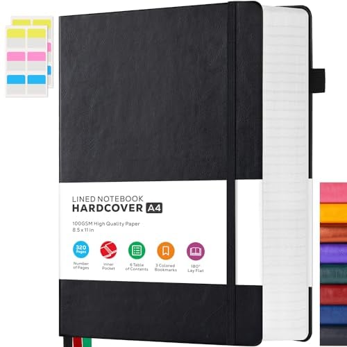 FOCUS DAY Notizbuch A4 - Journal Tagebuch Liniert Mit 320 Seiten Und 100GSM Premium-Papier, Der Collegeblock Notizblock Eignet Sich Zum Schreiben Und Notieren, 21,5 x 28cm, Schwarz