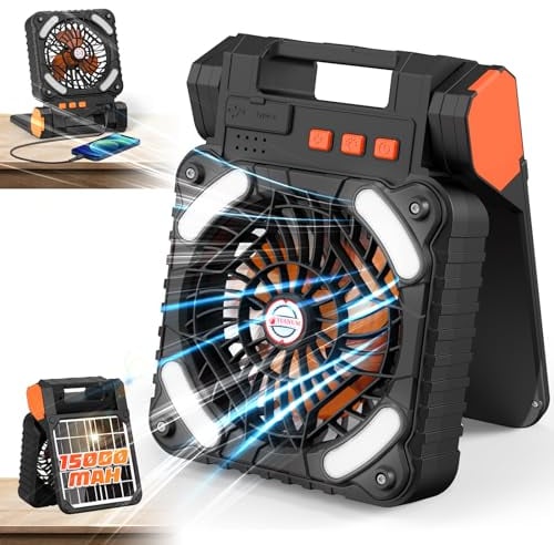 MA3TY Ventilador solar para camping, ventilador portátil para exteriores, ventilador personal de 15000 mAh, ventiladores de refrigeración de escritorio recargables con linterna LED, banco de energía,