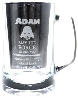 Personalised Engraved Pint Glass Beer Mug Tankard with Handle for Dad or Daddy on Fathers Day and Birthday - Darth Vader Star Wars Design (No Gift Box)