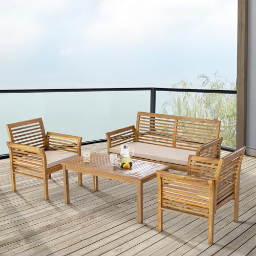 casa.pro Gartenmöbel Set Candela 4-TLG. Sitzgruppe mit Kissen Gartenlounge-Set aus Akazienholz 1x Tisch + 2X Stühle + 1x Sitzbank Holzfarben/Beige