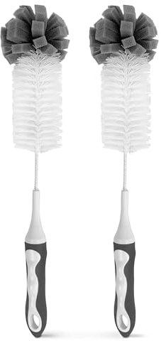 TIENDA EURASIA – Limpiabotellas | Pack de 2 Uds | Color Blanco y Gris | Cepillo Limpia Biberones | 6,5x6,5x40 cm | Cepillo de Botellas | Mango de Silicona | Plástico PP + Esponja + Cerdas de Nylon