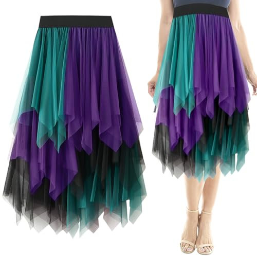 Gonna in Tulle da Donna, Gonne Asimmetriche, Gonna A Pieghe A Rete Irregolare, Gonna Midi A Vita Alta in Linea Ad A, Gonna Sottogonna In Tulle Nera Viola Verde, Gonna A Pieghe Festa di Carnevale