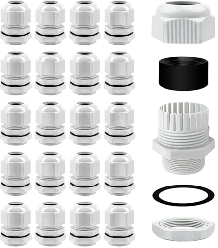 20 Pack M20 IP68 Waterproof Nylon Cable Glands, Waterproof Cable Glands | Suitable for 6mm - 12mm Cables,Built in waterproof gasket (White)