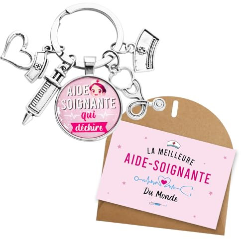 Kit de Cadeau Aide-soignante Porte-clé Aide Soignante qui Déchire Stéthoscope Seringue Pendentif Porte-clef Breloques Cabochon et Carte de Vœux avec Enveloppe pour Fête Noël Anniversaire Nouvel An