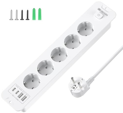 Multiprise escamotable 5 prises encastrées avec 4 ports USB - Multiprise encastrable - Multiprise de table avec 2 ports USB C - Prise encastrée - Câble de 2 m - Blanc