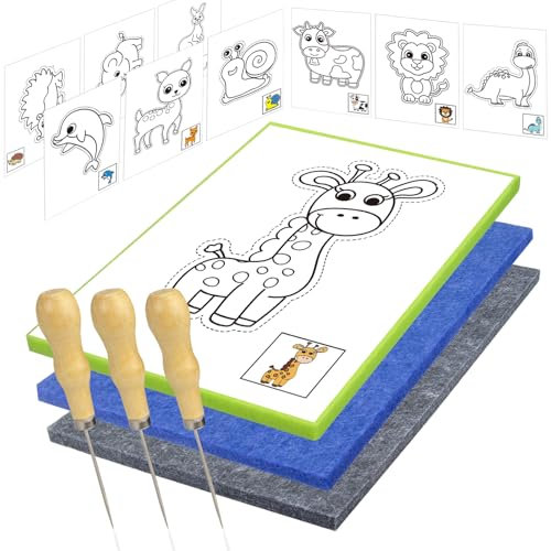 Lifuncren 3 Pezzi Punteruolo e Tappetino per Bambini Kit 20 x 15 cm, Punteruolo per Bambini Kit, Tappetino Feltro per Bambini per Punteruoli Cucito e Creazioni Fai da Te (Tema Animali)