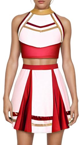 Odizli Cheerleader Kostüm Damen Metallic Neckholder Crop Top + Mini Rock Halloween Karneval Outfit