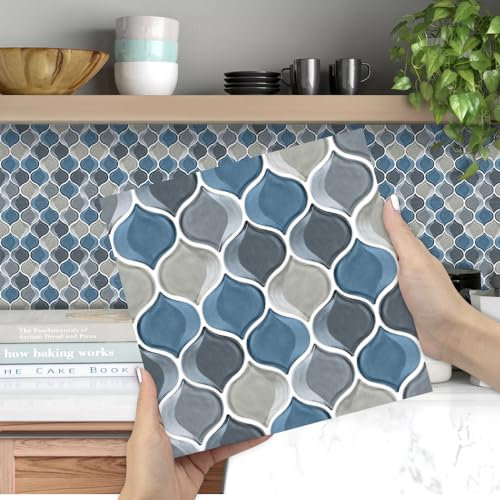 Tile Stickers Blue Moroccan Style Stick On Tiles PVC Floor Tiles Self Adhesive Waterproof Bathroom Tile Stickers,DIY Peel and Stick Wall Tiles,Self Adhesive Floor Tile for Kitchen 10 PC(20x20cm)