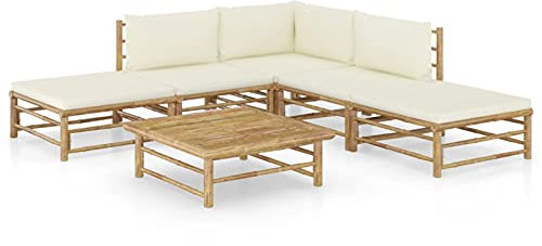 Brokky 6-TLG. Garten-Lounge-Set mit Cremeweißen Kissen Lounge MöBel Outdoor TerassenmöBel AußEn BalkonmöBel Set Bambus