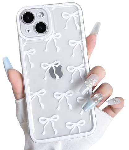 NITITOP Compatible with iPhone 13 Mini Case Cute Clear White Big Bow Design Ribbon Bowknot Pattern for Girls Women Soft TPU Transparent Full Camera Lens Shockproof Protective Cover - White