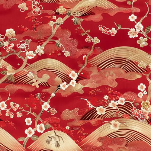Peel and Stick Wallpaper Red Cherry Blossom Wave Red Japanese Style Self Adhesive Wallpaper Wallpaper Waterproof Vinyl Contact Paper for Bedroom Kitchen Living Room Wall Cabinet Shelf Cupboard