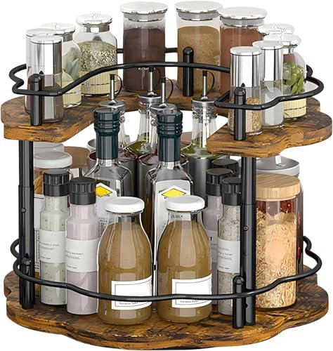 Yolispa Lazy Susan, piatto girevole in legno a 2 livelli, organizer per spezie, portaspezie, scaffale girevole per cucina, armadietto, 3 altezze regolabili in altezza, per cucina, piano di lavoro