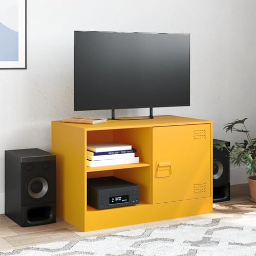 Natulvd TV-Ständer, TV-Schrank aus Stahl mit Tür und offenen Schränken für Wohnzimmer, Spielzimmer, Industriestil (Gelb)