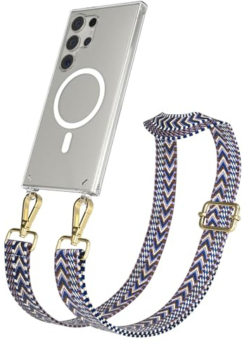 EAZY CASE Handykette - Verstellbares Taschenband kompatibel mit Galaxy S24 Ultra, Schulterriemen, Handykordel mit Silikon Hülle, Qi Charging kompatibel, Umhängetasche, Blau Weiß Gold