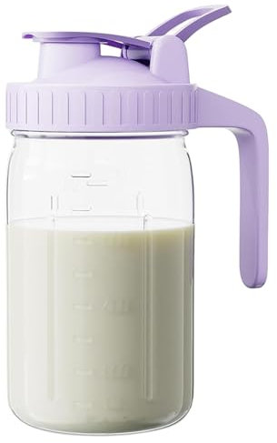 Glass Milk Jug, 32oz Leakproof Glass Jug with Lid & V-Shaped Pour Spout, Dishwasher Safe Breast Milk Storage Bottle for Home