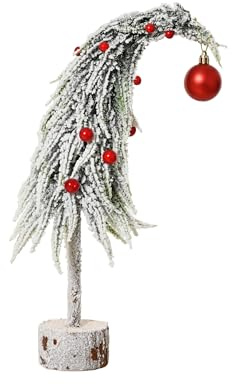 Tannenbaum künstlich mit Holzsockel 45cm hoch D.10cm - mit gebogener Spitze und roter Weihnachtskugel - platzsparend & wiederverwendbar - Deko Zipfelbäumchen geschmückt - Weihnachtsdeko & Winterdeko