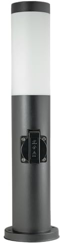 JungesLicht - Außenlampe Edelstahl 45cm, Ø75mm, E27 Fassung/Sockel, IP44 Wetterfest, 230Volt Aussenleuchte mit Steckdose, integrierte Kabelbox, Pollerleuchte, Sockelleuchte schwarz - ohne LED