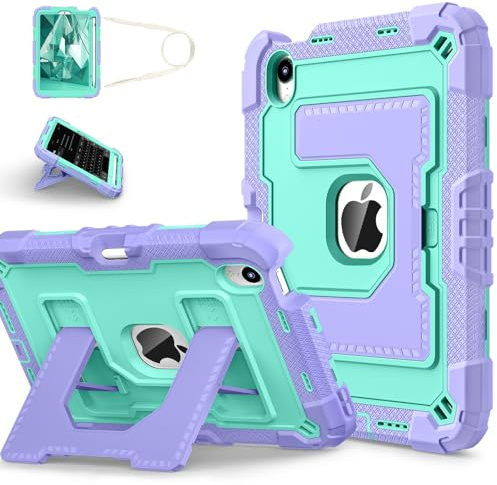 Étui adapté aux enfants pour Apple iPad mini 7 A17 Pro 2024/iPad Mini 6 2021 8,3 7e/6e génération avec porte-crayon et bandoulière, coque rigide antichoc et béquille, violet + menthe