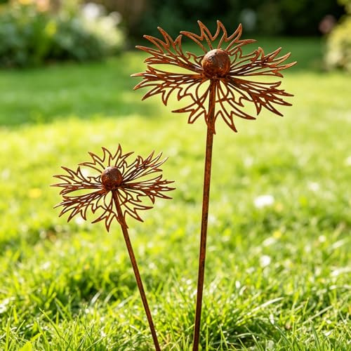 Umllpet Rostige Gartendeko Set, 2er Gartendeko Rost Gänseblümchen‌, Rost Deko für Garten, Gartenstecker Metall für Töpfe für Frühlingsdeko Sommer Herbst Balkon Terrasse Blumenbeet Blumenstecker