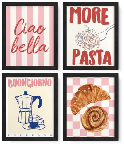 FloralGrace Trendy Pink Coffee Posters Set, Italian Vintage Pasta Coffee Bar Cart Wandposter, Dopamin Italienische Deko Aesthetic, Küchenbilder 20x30 cm Rahmen