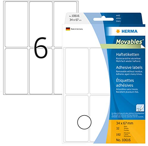 HERMA 10616 Vielzweck-Etiketten ablösbar, 144 Stück, 34 x 67 mm, 6 pro Bogen, selbstklebend, Haushaltsetiketten zum Beschriften, matt, blanko Papier Klebeetiketten Aufkleber, weiß