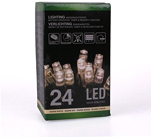 Home&Style Lichterkette 24 LED's, Länge 1,8 m, 50 cm Zuleitungskabel 3x AA Batterie für den Außenbereich mit Timer 6H/18H und 8-Funktionsregler mit Memory im Farbkarton, warmweiß 007415