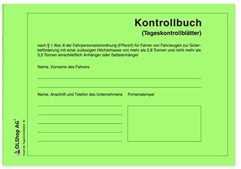 20 Persönliche Kontrollbücher DIN A5 quer, Tageskontrollblätter, Fahrtenkontrollbuch, Kontrollblätter, Persönliches Kontrollbuch, perforiert - Seiten einzeln heraustrennbar
