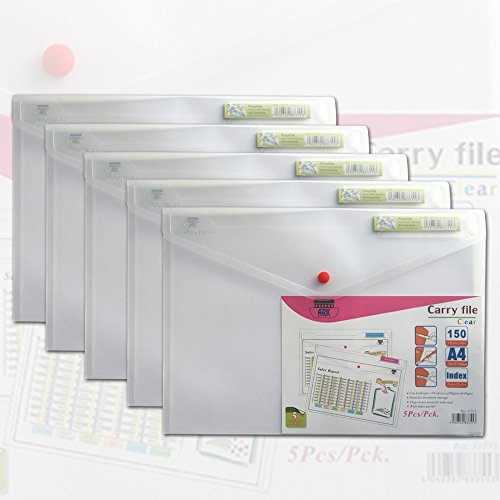 ARK Carry File Popper Wallet File with Press Stud Closure [Pack of 5] (Clear, A4)