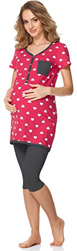Bellivalini Damen Umstands Pyjama mit Stillfunktion BLV50-126 (Rosa Herzen/Graphite, XL)